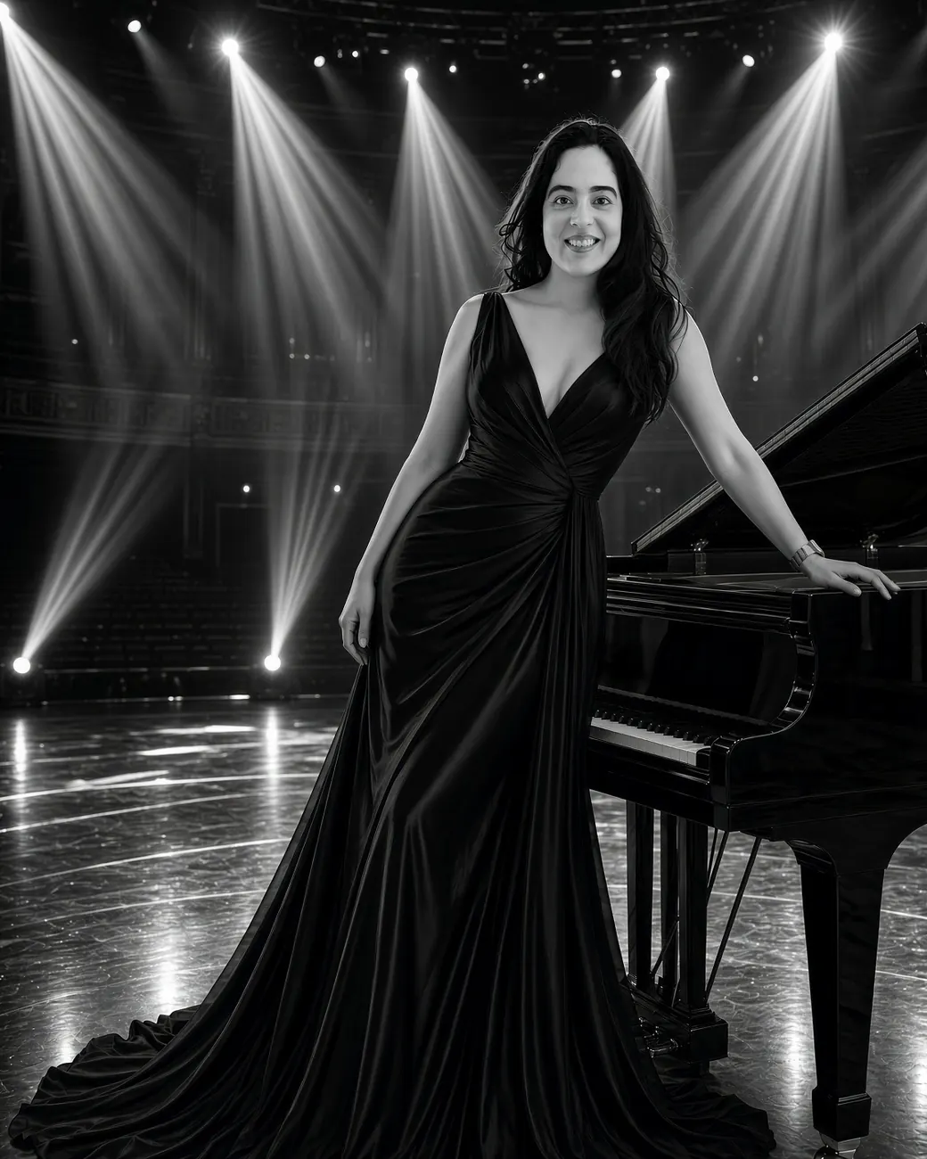 Carlota de Miguel on a stage under spotlights, next to a grand piano